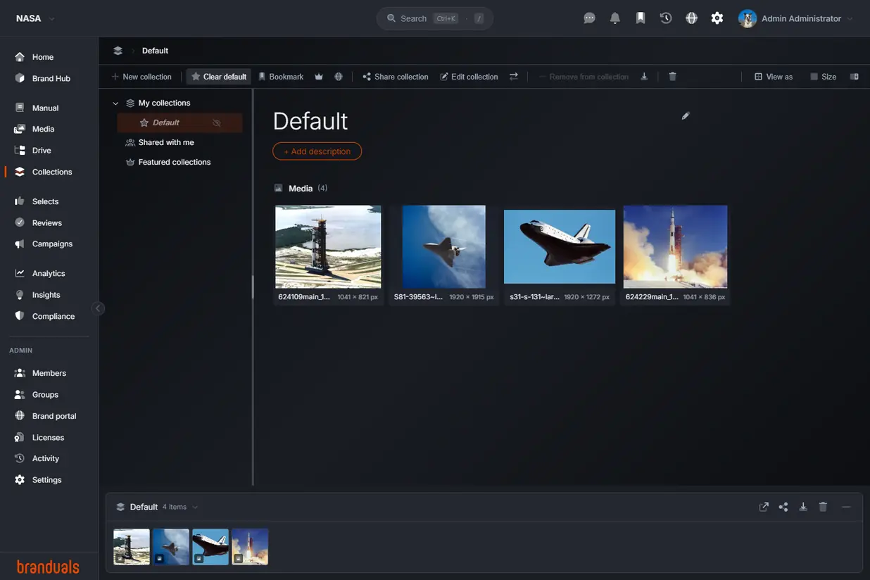 Collections of the NASA demo brand: the module list, the collection tree with Default chosen, its four Media items, and the docked collection at the foot