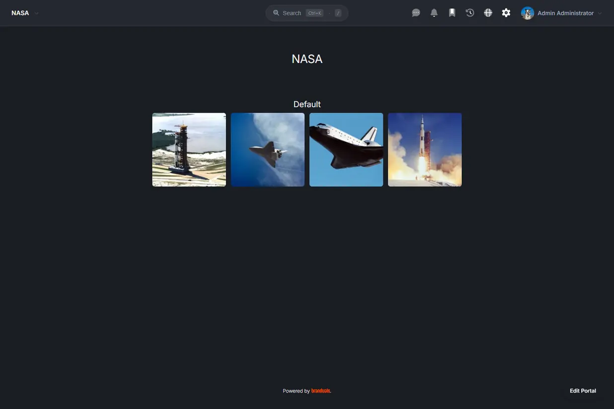 The Brand portal of the NASA demo brand as its admin sees it: the brand's name, the featured collection Default with its four photographs, Powered by Branduals at the foot and the Edit Portal door