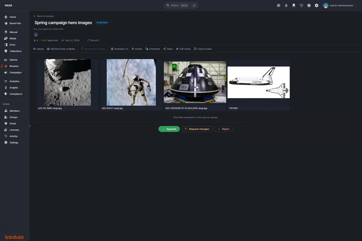 Reviews of the NASA demo brand: the module list and the review Spring campaign hero images, in review, with its four items and its decision bar — Approve, Request changes, Reject