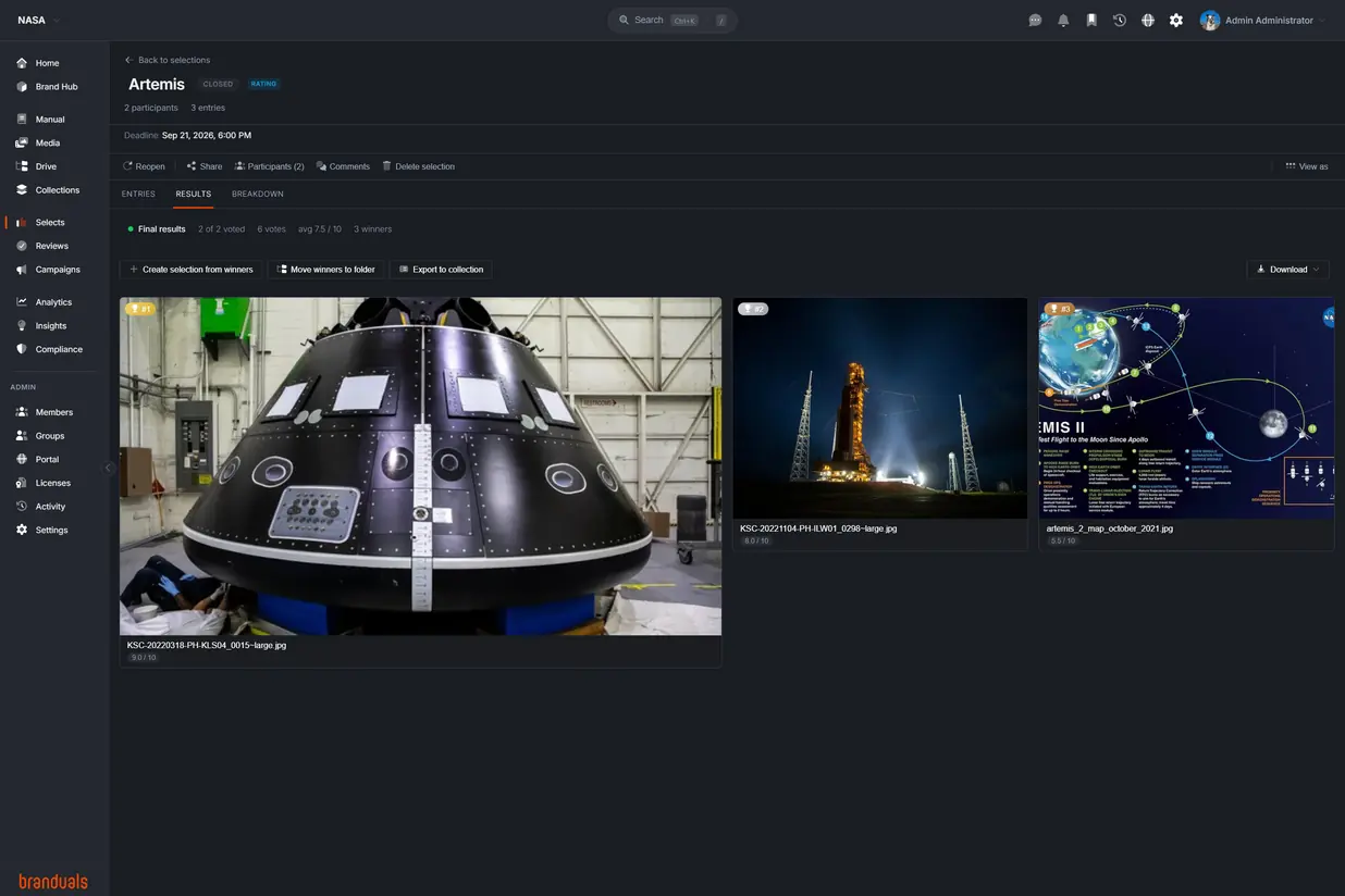 Selects of the NASA demo brand: the module list and the Artemis round's Results tab after the round closed — the final results line, the three winners with the Orion capsule first, and the doors that send the winners on